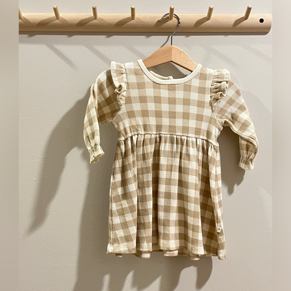 MAKEMAKE | Tan Checkered Organic Dress | 6-12 Mo (NWT)